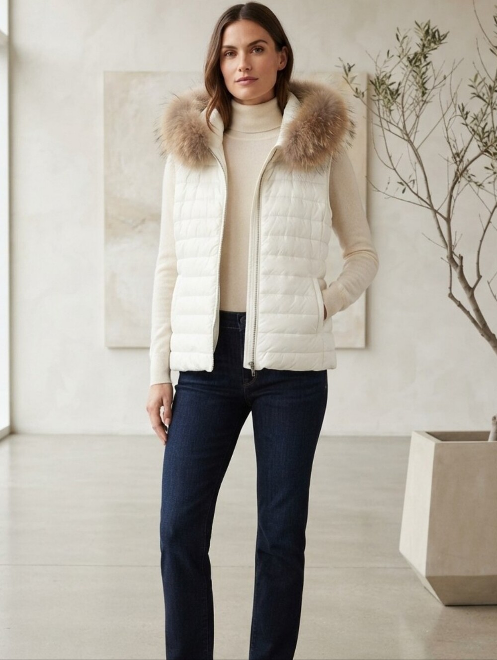 Marc Aurel White Puffer Vest with Genuine Raccoon Fur Hood Size 16 NWT Luxury